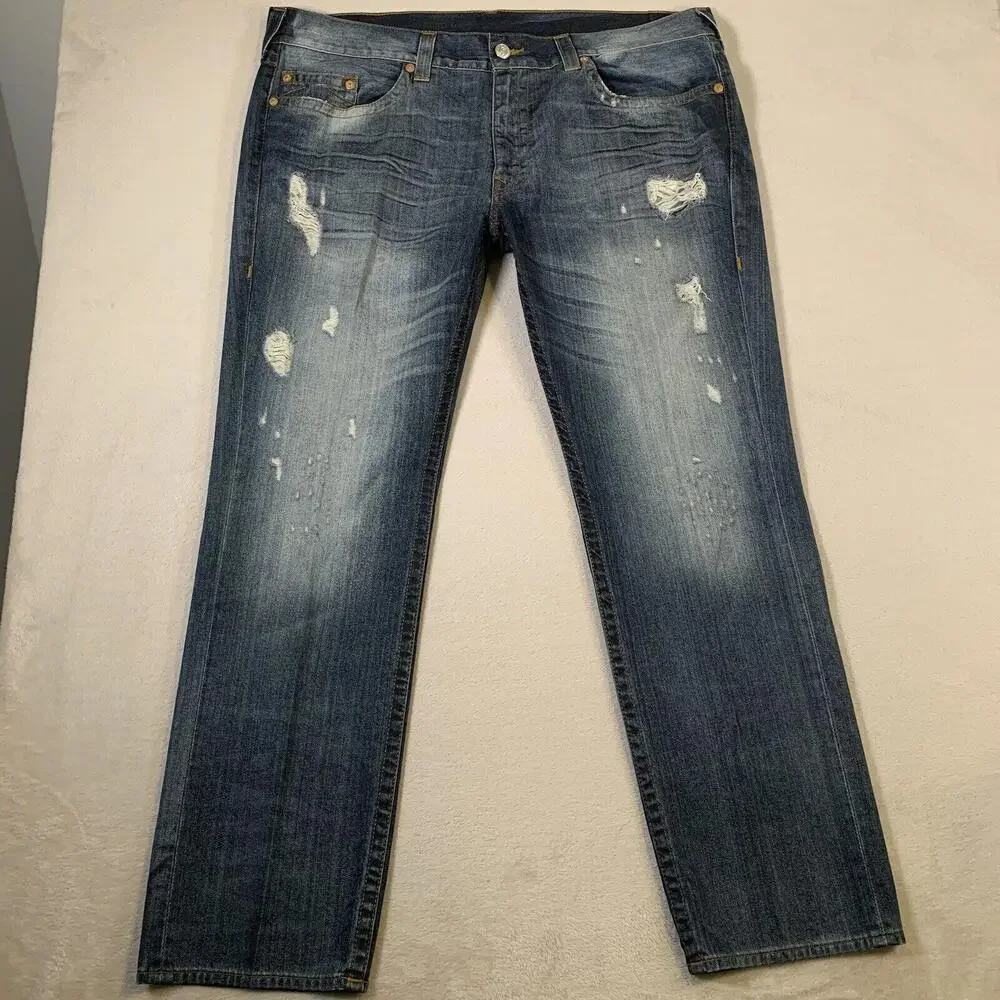 True Religion Jeans Mens 44x32 Blue Slim Straight Medium Wash‎ Stretch Denim